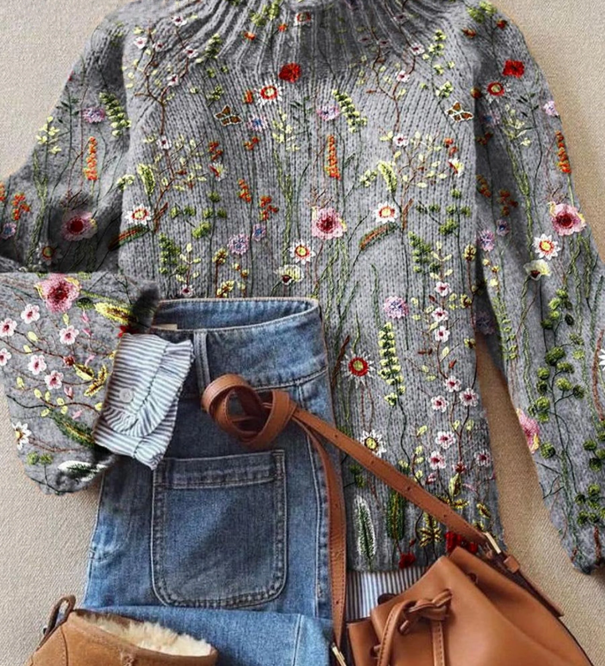 Maurine | Haut en maille à col montant fleuri romantique